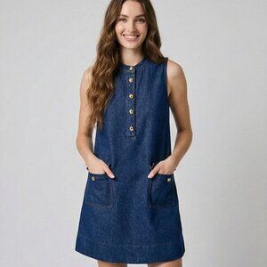 LAST ONE 🔥 Dark Wash Denim Sleeveless Shift Dress with Gold Buttons & Pockets